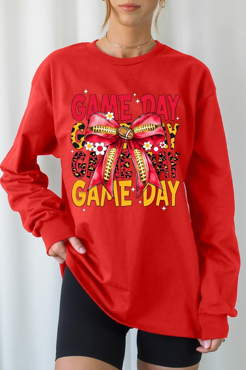 UL240-E3091 Red Yellow Football Game Day Bow Long Sleeve Tee $13.75