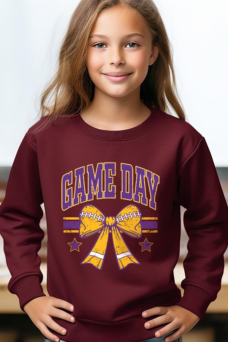 UL180B-E3063Z Purple Game Day Football Bow Kids Sweatshirt $20