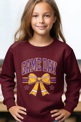 UL180B-E3063Z Purple Game Day Football Bow Kids Sweatshirt $20
