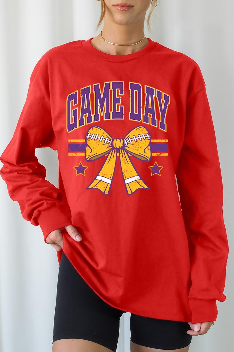 UL240-E3063 Purple Game Day Football Bow Long Sleeve Tee $13.75