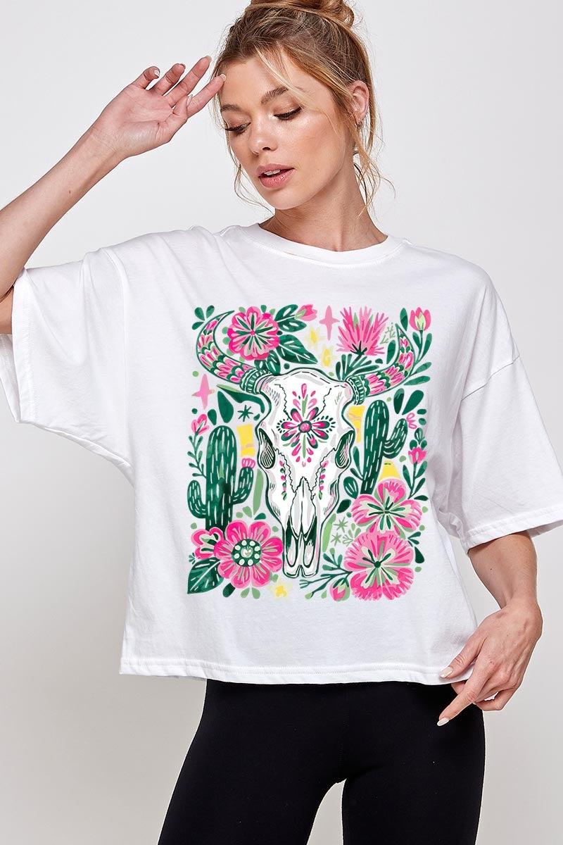 CTS-E3086 Western Floral Cow Skull Graphic Relaxed Crop Top $11