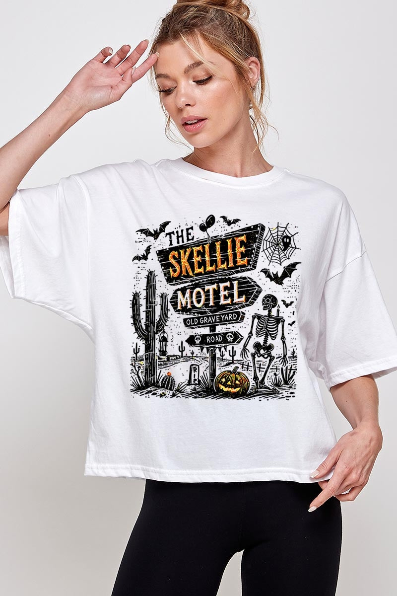 CTS-E3108 Skellie Motel Halloween Graphic Relaxed Crop Top $11