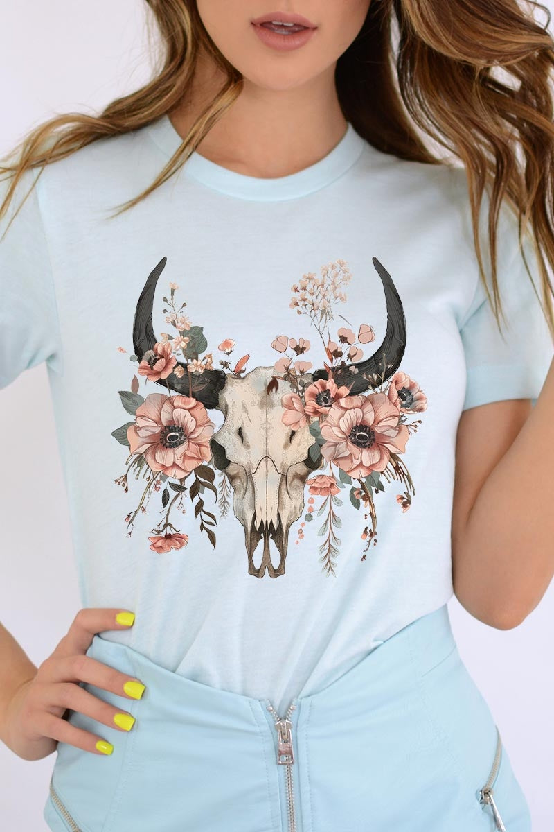 US3001-E3113 Western Skull Floral Graphic Tee $12.5