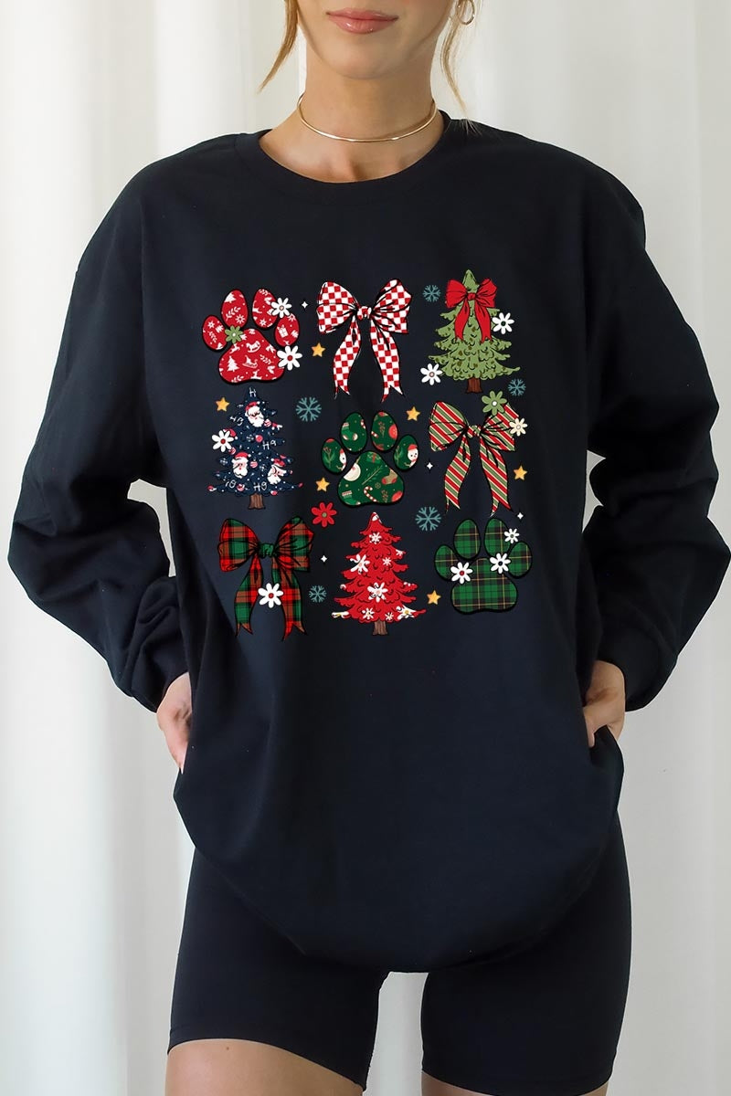 UL240-E3195 Christmas Bow Paw Graphic Long Sleeve Tee $13.75