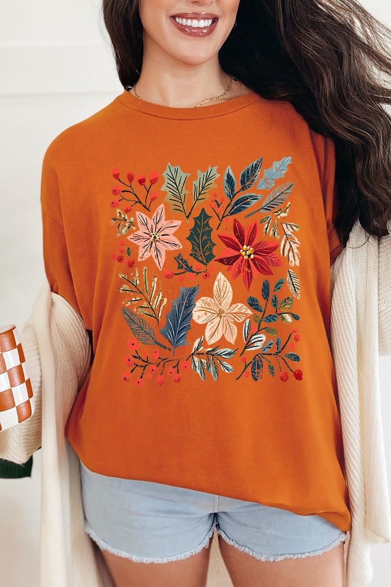 5000-E3186 Floral Christmas Graphic Heavy Cotton Tee $9