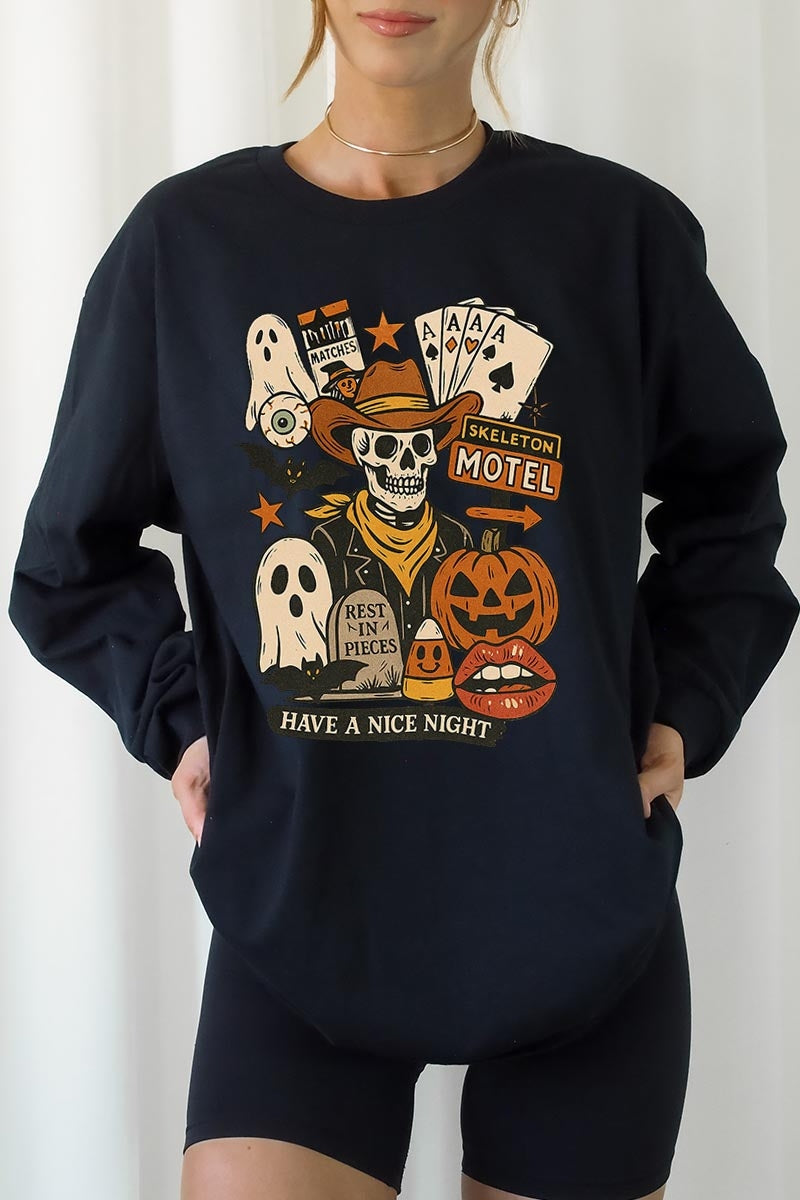 UL240-E3107 Spooky Western Skeleton Graphic Long Sleeve Tee $13.75