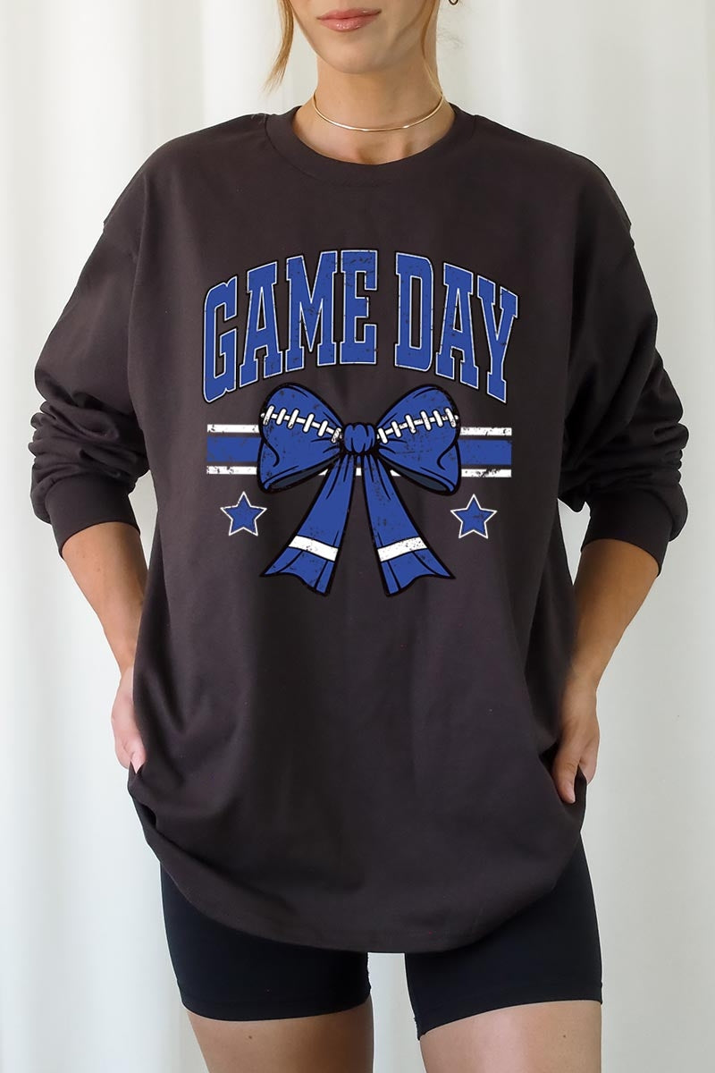 UL240P-E3065 Blue Game Day Football Bow Plus Long Sleeve Tee $17
